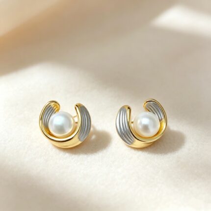 Two Tone Curved Pearl Stud Earrings