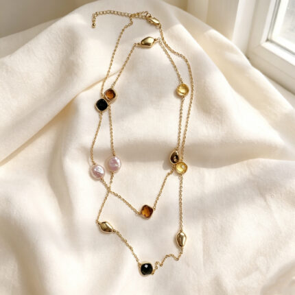 Mixed Gemstone Pearl Station Layered Necklace