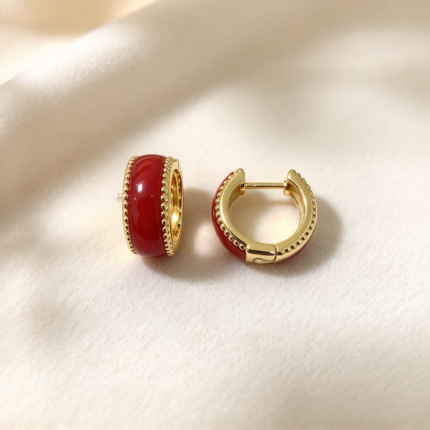 Red Agate Beaded Gold Huggie Hoop Earrings