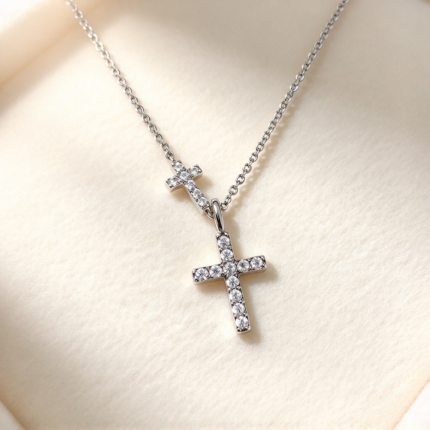 Double Cross Pave CZ Pendant Necklace